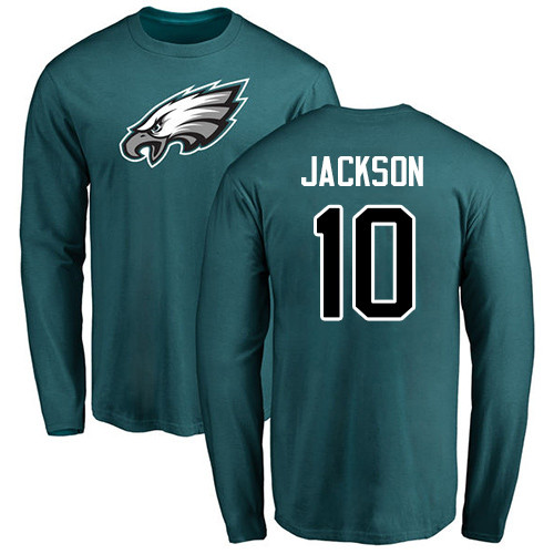 Men Philadelphia Eagles #10 DeSean Jackson Green Name and Number Logo Long Sleeve NFL T Shirt